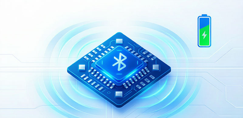 Conceptual diagram of a Bluetooth Low Energy (BLE) module showing integrated MCU, RF transceiver, and antenna circuit