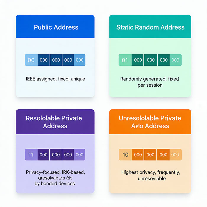 Infographic overview of the four BLE MAC address types