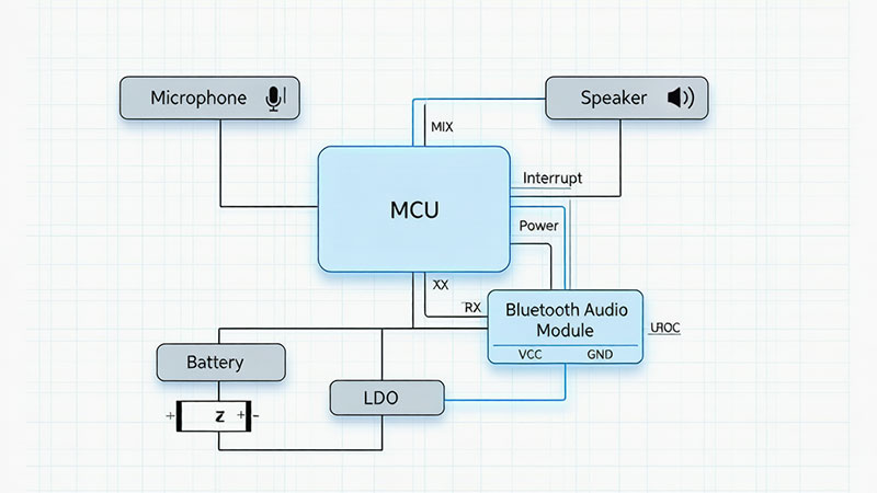 System architecture block diagram MCU ↔ Bluetooth module (UART) ↔ MicrophoneSpeakerBattery